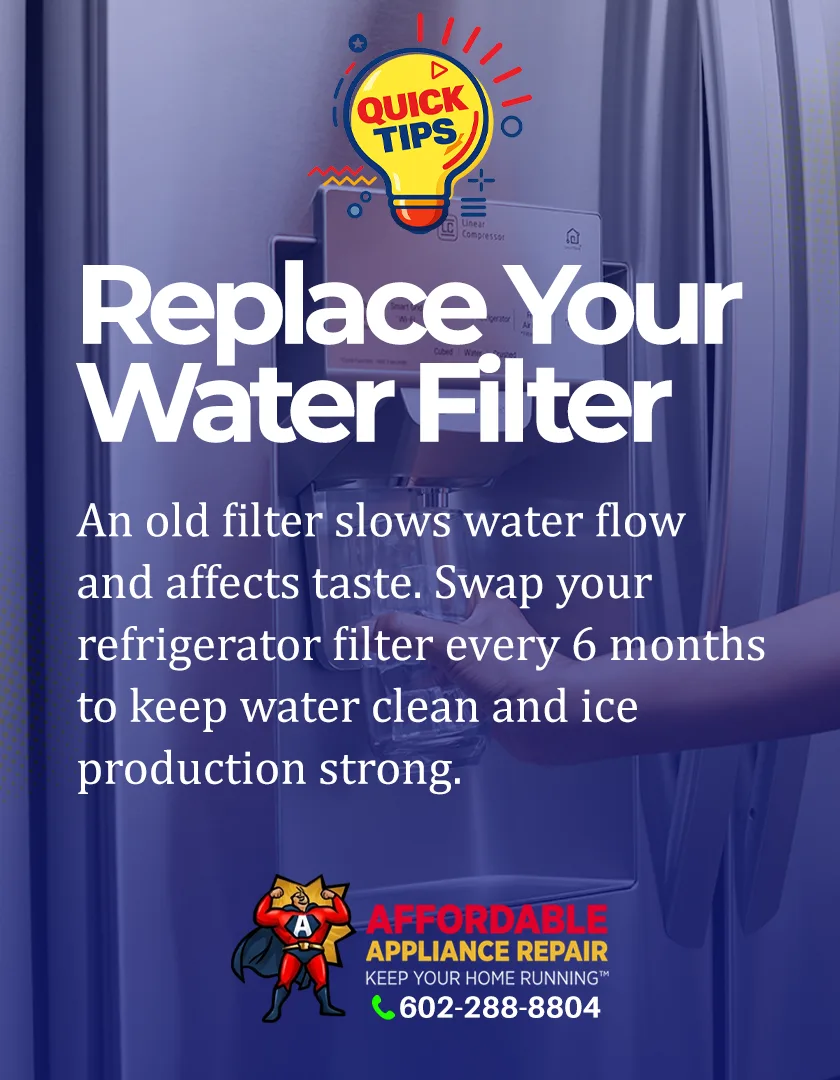 Quick Tips graphic about replacing a refrigerator water filter
